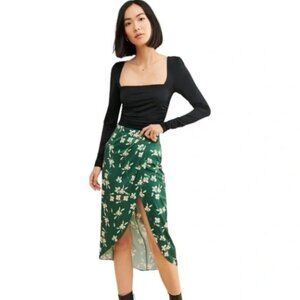 URBAN OUTFITTERS I Kelly Tulip Emerald Green Floral Satin Wrap Midi Skirt, M